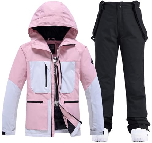 HOTIAN Damen Ski Jacke und Hosen 2 Teilig Set Skianzug Damen Wasserdicht Winddicht Winter Outdoor Warme Skifahren Skibekleidung damen set 167 PK+BK M