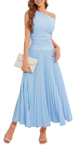 Bbonlinedress formell maxi bal en axel veckad cocktailklänning kvinnor bröllop gäst sommar daglig lång festklänningar, BLÅ, M