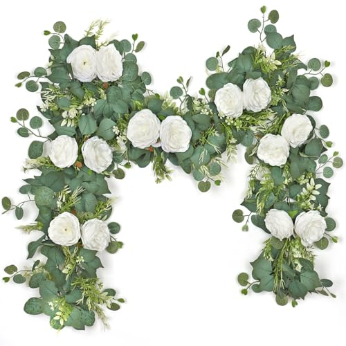 MEIVINES 2PCS 6.2FT Artificial Eucalyptus Flower Garland with White Roses Fake Flower Garlands Silk Peonies Greenery Vines Faux Flowers Spring Garland for Wedding Arch Table Centerpiece Home Decor