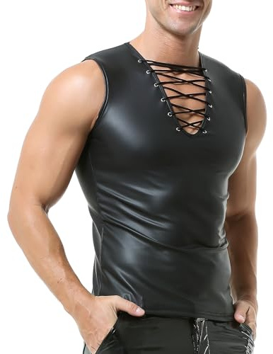 Chaleco sin Mangas de Piel Sintética para Hombres - Estilo Wet Look con Cordón en V