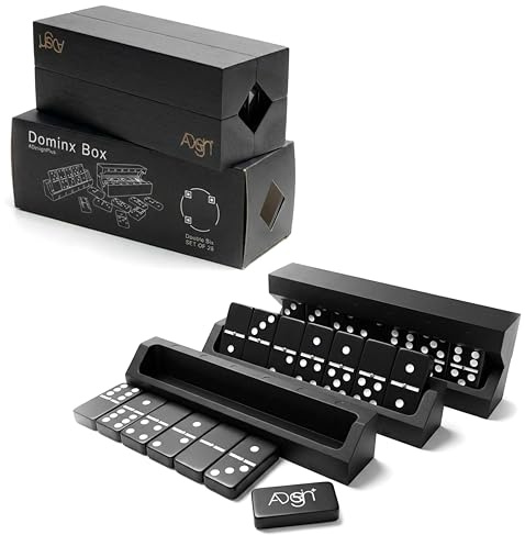 Unique Design | Dominos Set & 4 Wooden Racks/Trays | Double 6 Dominoes Portable Travel Set | Double Six Dominoes Set 4 Tiles Holders | 28 Tiles Dominos Set for Family Games | Solid Wood Black