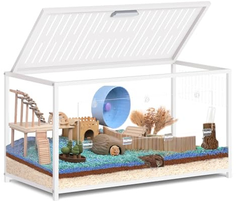 MUNNAR Large Metal Hamster Cage - Chew Proof Syrian Hamster Cage & Habitat with Acrylic Panels, Top Open, Breathable, Big Hamster House for Gerbils, Guinea Pigs, 40.5 x 20.4 x 22 Inch, White