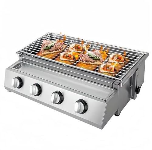 Barbacoa de gas portátil, 4 quemadores de acero inoxidable, superficie de cocción, 54 x 23 cm, 5 kW, altura ajustable, barbacoa de gas propano para la cocina al aire libre, camping