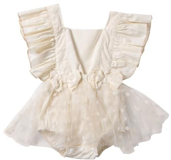HEOXIN Body Sans Manches à pois pour Bébé Fille, Robe Tutu Robes Princesse Brodées de Dentelle avec Nœud Décoratif, Combinaison sans Dos en Tulle et Maille pour les 9 à 12 Mois, Beige