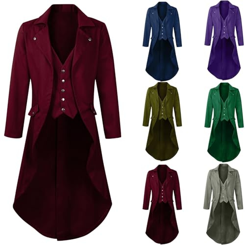 Mens Gothic Tailcoat Steampunk Tuxedo Jacket Men's Vintage Swallowtail Coat Medieval Single Breasted Overcoat Gentleman Lapel Tail Coat Victorian Frock Uniform Halloween Cosplay Costume