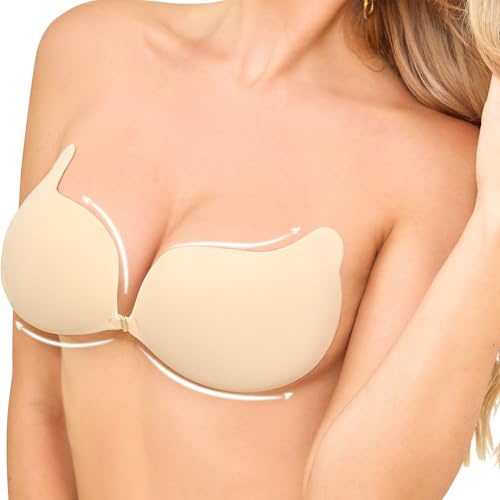 OMGREAT Stick on Bra - Invisible Adhesive Push Up Bra for Women, Backless Strapless Reusable Sticky Bra for Backless Dresses, Wedding, Party, Enhance Cleavage Lift Nude A