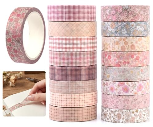 Novocloud 16 rouleaux Washi Tape Set, Ruban Adhesif Decoratif et Masking Tape Scrapbooking, Papier Washi Scotch Decoratif Carreaux Et Motifs Floraux, Bullet Journal Accessoire Emballage Cadeau
