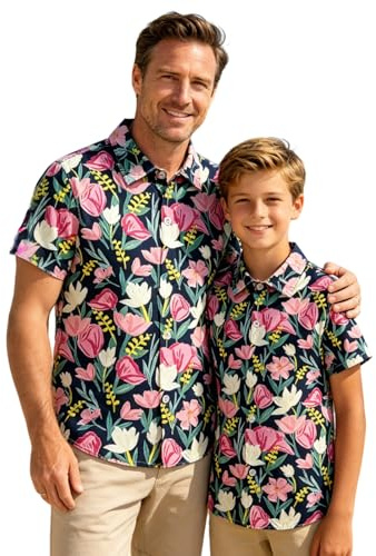 Fenralomi Camisas Hawaianas a Juego para Padre e Hijo, Camisas de Botones de Manga Corta con Estampado Floral, Conjunto Tropical para Vacaciones de Playa, Ropa de Verano Familiar