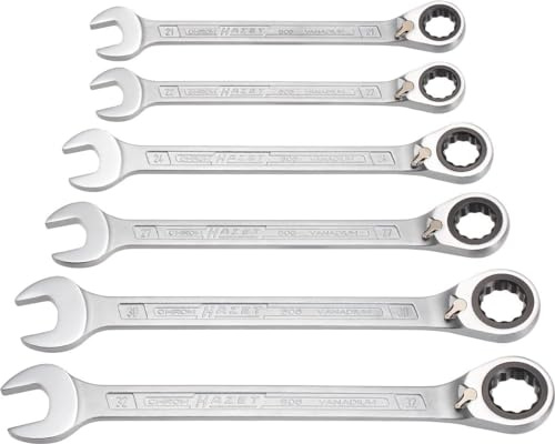 HAZET Knarren-Ring-Maulschlüssel Satz 606/6-1 I 6-teiliges Set I Schlüsselweite: 21-32 I Abtrieb: Außen Doppel-Sechskant I Ratschenset für Arbeiten an Auto, Kfz und Motorrad