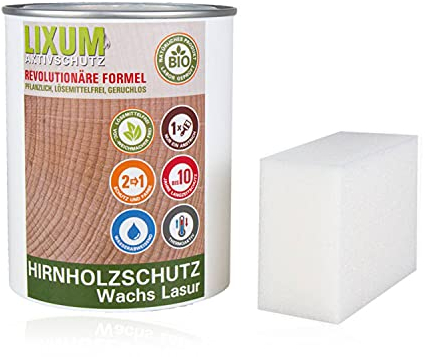 LIXUM HIRNHOLZ WACHSLASUR BIO (grau) 250 ml = 1m² - natürlicher Langzeitschutz für Holz, hält bis zu 10 Jahren, nur 1 Anstrich nötig. Mit integriertem UV-Schutz und ohne Weichmacher.