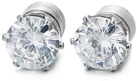 8MM Magnetico Zirconi Orecchini da Uomo Donna, Acciaio, Click-on Fake Piercing Finto Dilatatore Fake Plug, 1 Paio