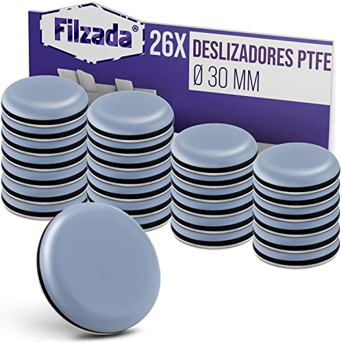 Filzada® Almohadillas de Teflón para Muebles Autoadhesivo (Redondo) - Deslizadores Profesionales de Muebles/Deslizadores de alfombras PTFE (Teflón) - 26 Piezas - Ø 30 mm (Redondo)