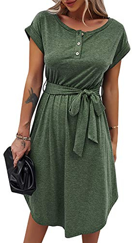 Bequemer Laden Femme Été T-Shirt Bouton Midi Robes Col Rond Manches Courtes | Mode Cocktail Robes de Soiree Ceremonie pour Femme Dames Grande Taille Casual Printemps Robe de Couleur Unie Jupe Nouer Chic