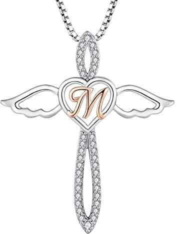 FJ Collana Lettera M Argento 925 Donna Collana con Ciondolo Angelo Custode Collana Iniziale Alfabeto con Zirconia Cubica Gioielli Regalo per Donna