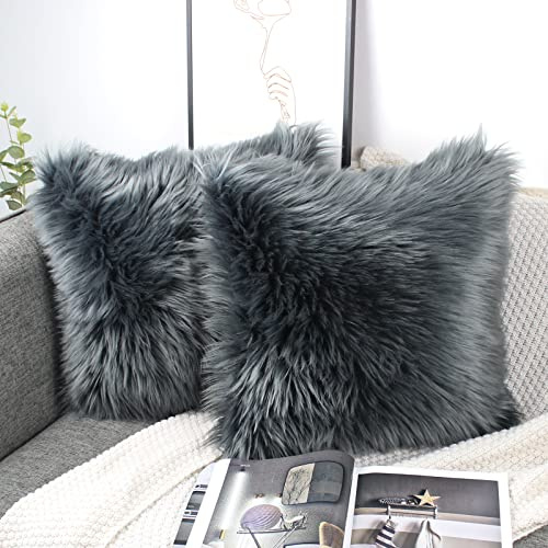 Oyimua Set di 2 federe per cuscino in finta pelliccia di lusso, 45 x 45 cm, grigio scuro, decorative, soffici, moderne, in morbido peluche, per divano e letto