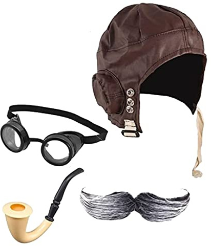 Royal Fashion Adult Men's Pilot 1940's Aviation Classic Flying Pilot Biggles Brown Cap, Goggles, Mustache & Pipe World War Aviator Dress Costume One Size Set