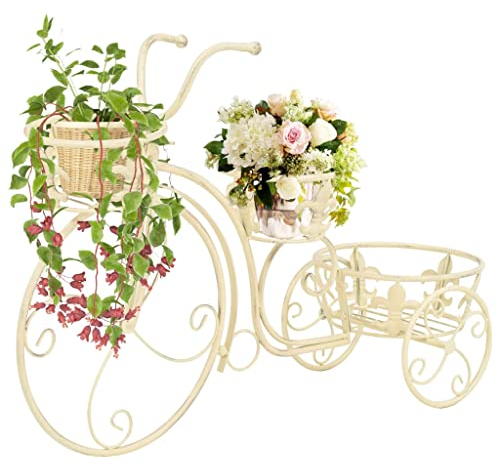 Makastle Vintage-Stil Metall Pflanzenständer, Stall Blumenständer Blumentreppe, Fahrradform Pflanzenhalter für Garten, Heavy Duty Hohe Übertopf Halter für Innen- und Außen, 77 x 26 x 50 cm