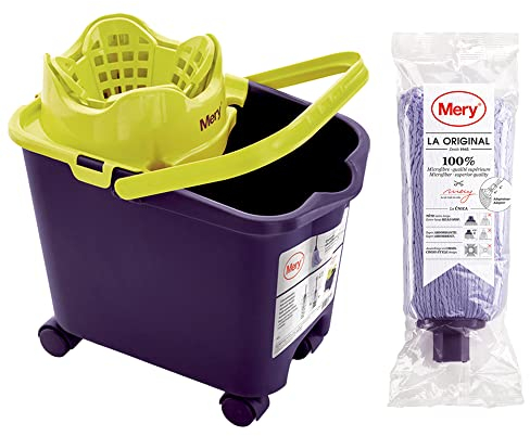 Mery | Set Cubo y Fregona Microfibra Super Absorbente | Cubo Escurridor Automático y Ruedas 360º | Cabezal Fregona Extragrande | No deja Ratro | Morado | 14L | Medidas :38,2 x 25,5 x 39,5 cm