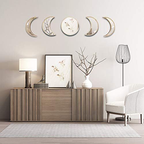 Juego de Espejos de Fase Lunar Nórdica Estilo, 5 Piezas Espejo Decorativo de Pared de Acrílico, Pantalla de Cambio de Ciclo de Luna Eclipse Lunar Etiqueta Espejo de Pared Decorativo (Color 1)