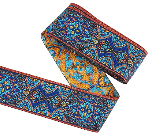 FINGERINSPIRE 5 m Jacquard Band 50 mm Breit Vintage Blumenstickerei Mit Blattmustern Marineblau Polycotton Boho Bestickter Bortenstoff Zum Nähen Basteln Heimdekoration