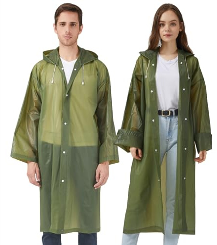 UPSEN Rain Ponchos for Adults, Reusable Raincoats for Women Men, 2 Pack Emergency Rain Jacket with Hood for Disney Outdoor, Green