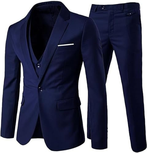 Costume Homme 3 Pièces Mariage Slim Fit Business Confort Elégant Veste Gilet et Pantalon (FR/ES, Alpha/Lettres, TTG, Taille Normale, Taille Normale, Bleu Marine)