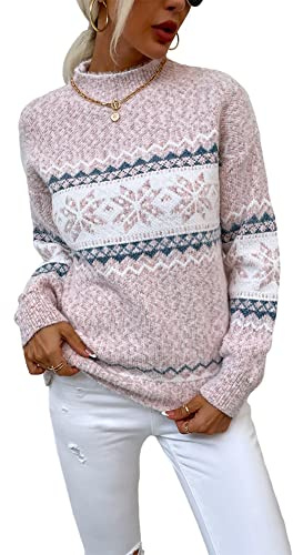 JUNBOON Women's Crewneck Long Sleeve Christmas Snowflake Holiday Pullover Sweater Jumper