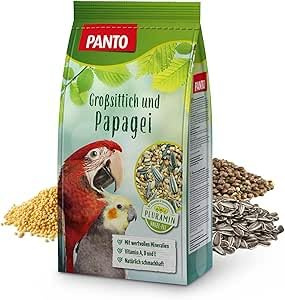 PANTO Großsittich- und Papageienfutter mit Pluramin, 4x2,5 kg - Bunte Saatenmischung für Papageien und Großsittichen, Vogelfutter mit Sonnenblumenkernen