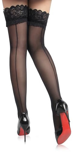 ohyeahlady Stockings mit Naht Thigh Highs Overknees Nylon Strümpfe Damen Sexy Große Größen Halterlose Strümpfe für Mollige Frauen Übergröße Oberschenkelstrümpfe mit silikonband Schwarz,3XL-5XL