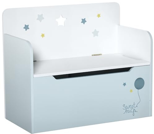 HOMCOM Panca Contenitore Portagiochi 2 in 1 in Legno, Cassapanca con Schienale per Bambini da 3-6 Anni, 60x30x50 cm, Azzurro
