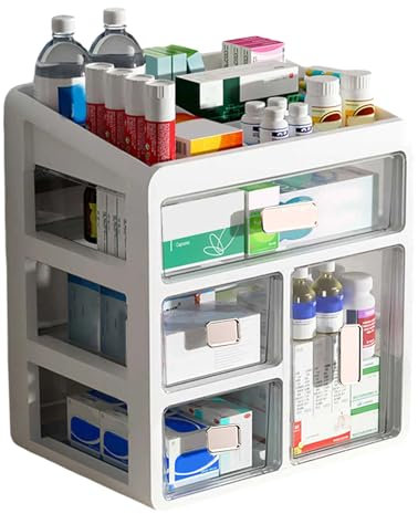 Sonhomay 4-stöckiger Medikamentenschrank-Organizer, Kunststoff-Aufbewahrungsbox, Aufbewahrungsbehälter, Familien-Medizin-Box, Organizer für Vitamine, Nahrungsergänzungsmittel, Medikamentenflaschen,