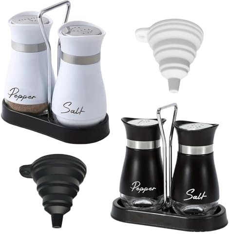 ROSYLEVE 4 PCS salieres et poivrieres avec support et 2 entonnoirs,Acier Inoxydable Salière et Poivrière Set pour Cuisine, Barbecue, Table à Manger, Camping-Car(noir et blanc)