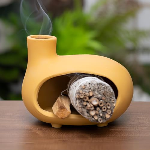 MOUGIGI Porta incenso giallo Palo Santo con camino, mini bruciatore di incenso per bruciare salvia, bastoncini di legno, coni e lumini, ciotola in ceramica fatta a mano, vassoio per ceneri aromatiche