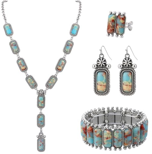 JMScape 4 PCS Western Turquoise Jewelry for Women Boho Vintage Navajo Pearl Necklace Earring Bracelet Ring Set Country Cowgirl Accessories for Gift (I-Blue)