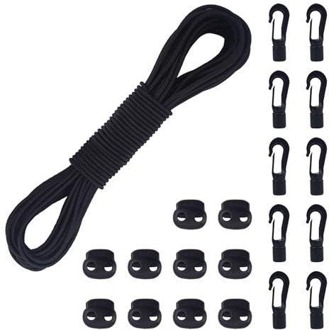 AWBEOT Cuerda Elástica 4mm x 20m, Cordón de Goma Elástico, Cordón Elástico Negro, Cuerda de Tensión con 10 Cerradura de Cordón y 10 Ganchos de Plástico, para Lona,Camping,Kayak,Zapatos,Mochila