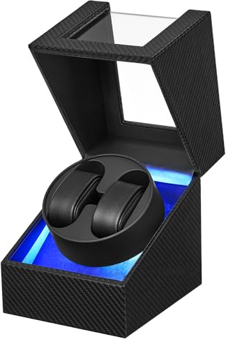 BEWISHOME Carica Orologi Automatici, Watch Winder con Luce LED a 4 Modalità, Scatola Caricaorologi Automatica con Motore Giapponese Silenzioso, Adattatore di tipo C o Alimentazione a Batteria, ESYQ02C