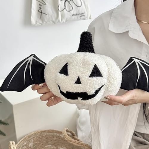 Cuscino decorativo in peluche a forma di zucca con ali di pipistrello, bianco e nero, decorazione gotica per la casa (bianco, 50 cm)