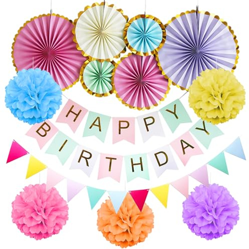 XTUDOU® Decorazioni Compleanno Pastello, Festoni Compleanno Bambina, Include Gagliardetti, Palline di Fiori di Carta, Ventagli di Carta Macaron, Riutilizzabili, Adatte Ai Compleanni Delle Bambine