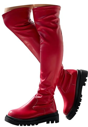 Xbemkste Botas altas para mujer, plataforma redonda, punta redonda, de cuero, botas elegantes para mujer, botas elásticas, botas de caña larga, botas elegantes para mujer, botas de invierno