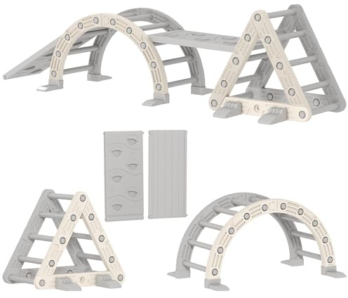 AIYAPLAY 5 in 1 Klettergerüst Montessori Indoor, Kletterdreieck mit Rutsche, Kletterbogen, doppelseitige Rampe, Spielplatz Indoor für Kinder 18-48 Monate, Grau+Weiß
