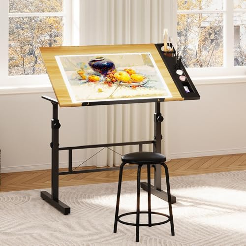 Moziel Tavolo da Disegno Inclinabile da 0 a 60°, Altezza Regolabile con Sgabello, Scrivania per Somputer da Studio di Architettura per Disegnatore Pittore Ingegnere Artista (Colore Legno)
