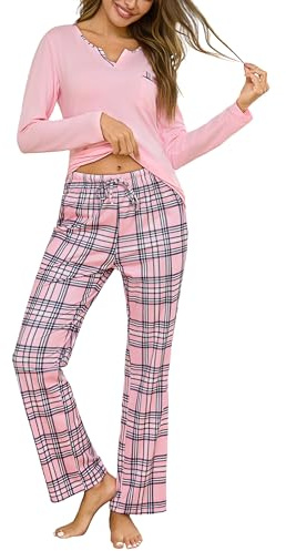 Bresdk Women's Pyjama Set Ladies Cotton Pjs V Neck Long Sleeve Tops and Printed Pants with Pockets Soft Loungewear