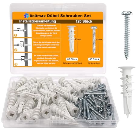 Boltmax 120 Stück Dämmstoffdübel, Gipskartondübel mit Schrauben, 41mm Hohlraumdübel, Dübel für Dämmung, Dübel Dämmung Fassade, Dübel Set (60 Stück Fassadendübel, 60 Stück Linsenkopfschrauben)