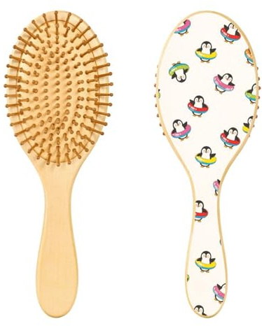 KOCOART Penguin with Lifebuoys Pattern Hair Brush Soft Detangler Brush Wooden Detangling Curly Hairbrush for All Hair Types Oval Scalp Massager Comb for Women Men Kids