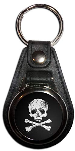 Distressed Skull and Crossbones - Black Plastic Medallion Key Ring