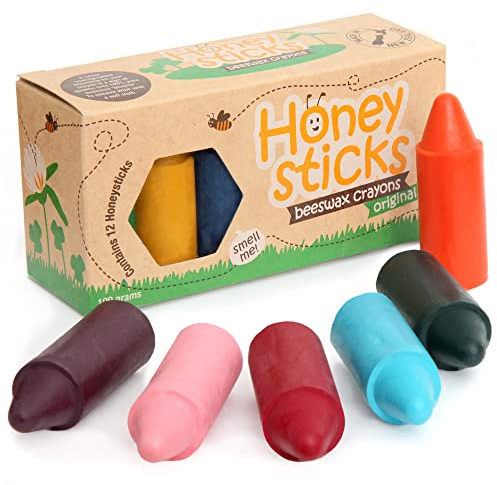 Honeysticks Wachsmalstifte (12er-Pack) - Ungiftige Babymalstifte aus Natürlichem Bienenwachs, Wachsmalstifte Ab 1 Jahr, Leicht zu Greifende Buntstifte Baby, Umweltschonend und Kleinkindfreundlich