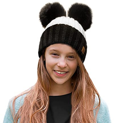 4sold Rita Barnmössa för vintern, stil beanie, stickad mössa med pälstofs, toppluva, huvudbonad, skidåkning, snowboard, Miki vit svart, En Storlek