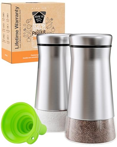 HOME EC Original Salt and Pepper Shakers Set with Adjustable Pour Holes - Glass and Stainless Steel Salt Shaker and Pepper Shaker - Farmhouse Spice dispenser for salts, ground peppercorn and spices