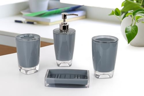 Fingey Modern Design 4 Piece Bathroom Accessory Set, Soap Dish, Tooth Brush Holder, Soap Dispenser, Rinse Cup (Grey)