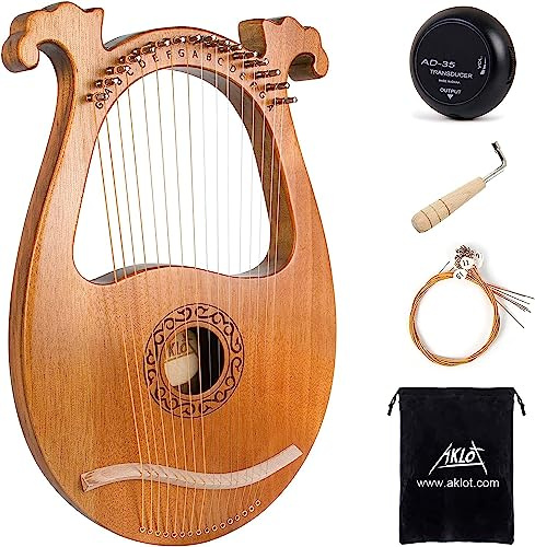 AKLOT Arpa lira Sillín de hueso de 16 cuerdas de metal Okoume Lye Harp con llave de afinación Pick UP y funda negra